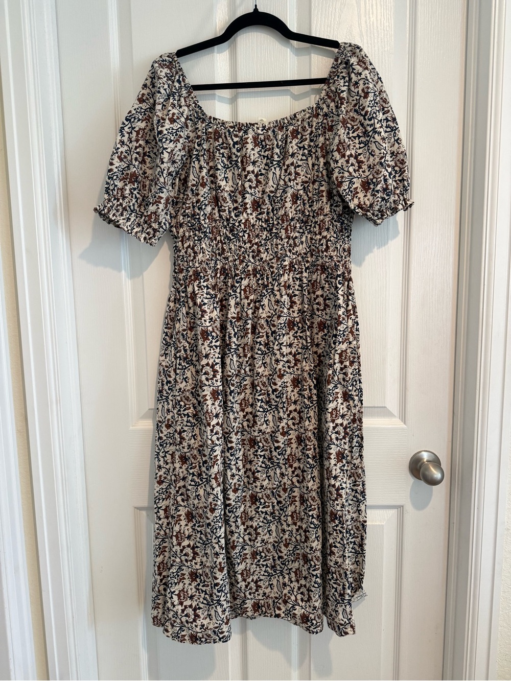 a.n.a Floral Smocked Midi Dress in Cream, Brown and Navy - Picture 2 of 4